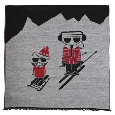 KARL LAGERFELD 可愛卡爾與貓咪滑雪圖樣長型大圍巾/披肩 (黑)