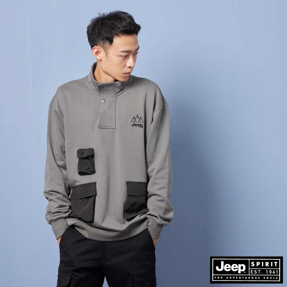 JEEP 男裝 品牌LOGO多口袋寬版長袖POLO衫-灰色