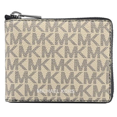 MICHAEL KORS COOPER 經典印花皮革ㄇ字拉鍊零錢短夾(淺褐/黑邊)