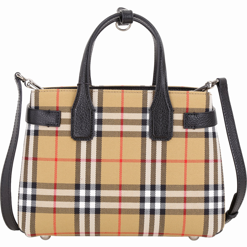 BURBERRY The Banner Vintage 小型 格紋拼接手提斜背包(黑色)