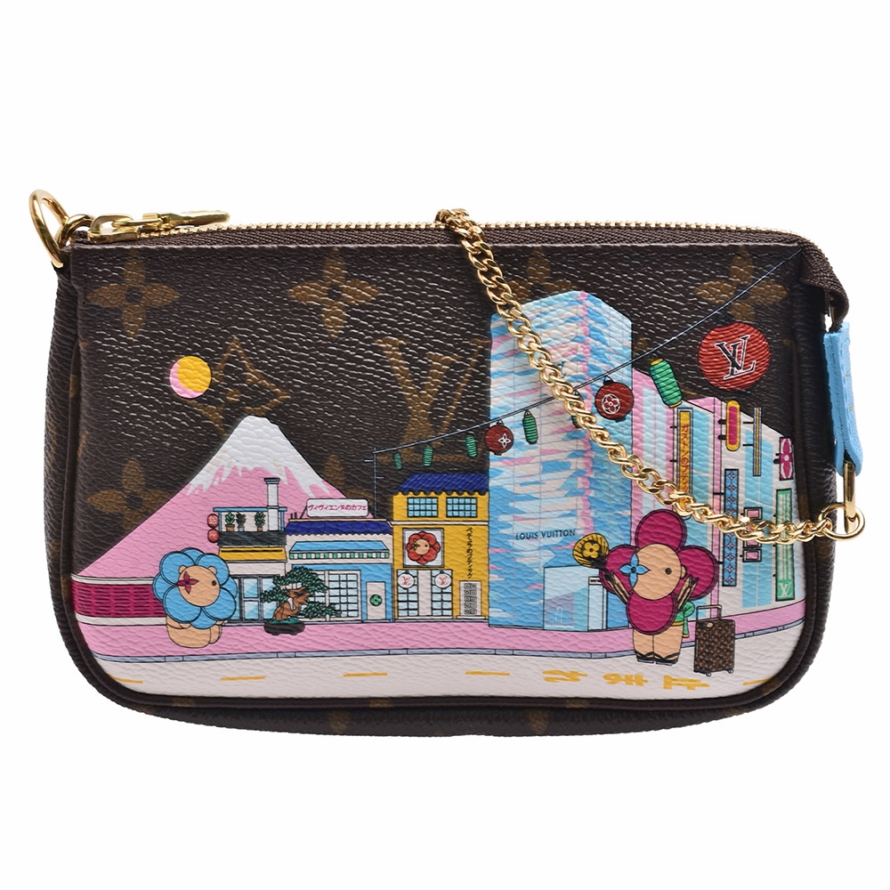 LV M81637限量MINI POCHETTE吉祥物富士山背景印花圖案拉鍊迷你手提/麻將包