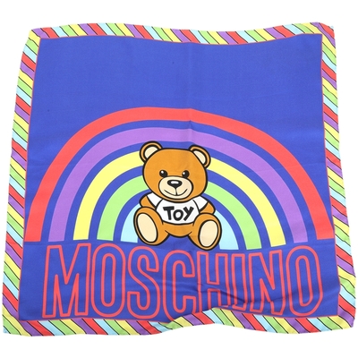 MOSCHINO 彩虹泰迪熊字母印花藍底真絲方巾 領巾(50x50)