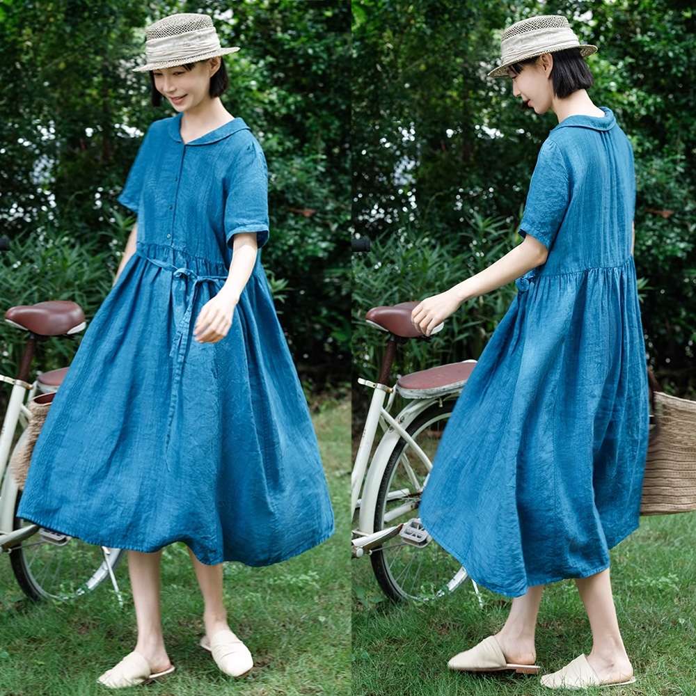 獨家高端限量系列 100%法國進口極細亞麻洋裝中長裙-設計所在 (蒼野藍)