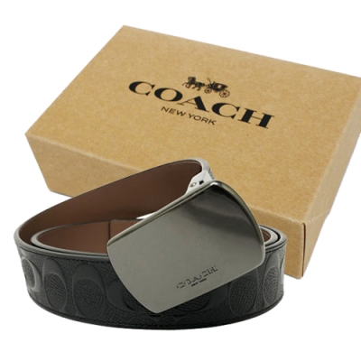 COACH 男款經典C LOGO牛皮寬版皮帶禮盒(方頭-壓紋黑)