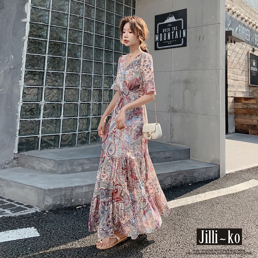 JILLI-KO 佩斯利花紋V領蛋糕層次桔梗洋裝- 粉紅