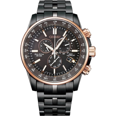 CITIZE星辰GENTS榮耀經典錶款光動能電波藍寶石錶錶-黑金色42.5mm(CB5888-87E)
