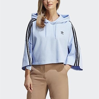 Adidas Cropped Hoodie [IC5460] 女 短版連帽上衣 運動 休閒 華夫格 針織 亞洲版 水藍