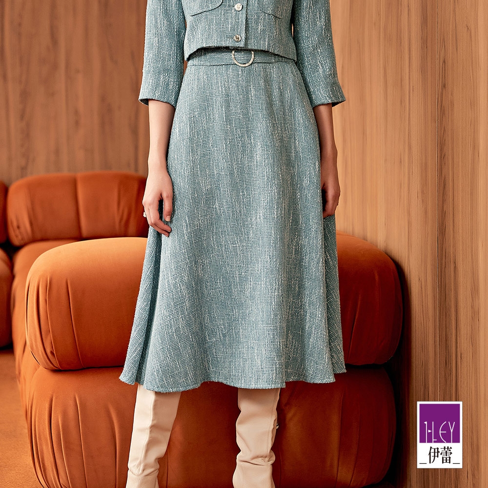 ILEY伊蕾 時髦小香風織紋造型金屬腰釦裙(淺藍色；M-XL)1224072239