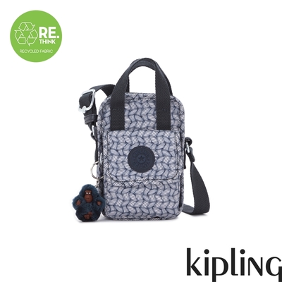 Kipling 藍白時尚幾何圖騰掀蓋前袋手機包-DALYA