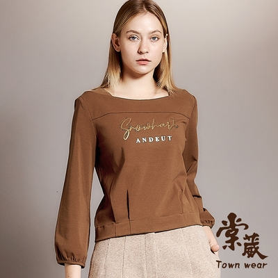 【TOWNWEAR棠葳】時髦燙金印字帆船領棉質上衣(女上衣/女上著/長袖/鑽飾/彈性)