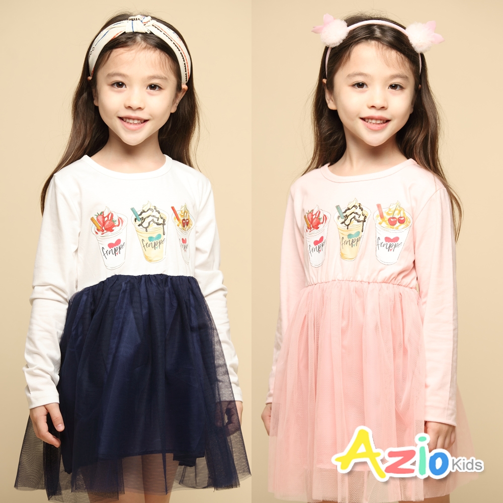 Azio kids美國派 女童 洋裝 水果冰沙印花網紗長袖洋裝(粉藍二色)