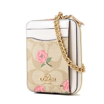 COACH 玫瑰緹花LOGO防刮鍊帶證件零錢包-白色