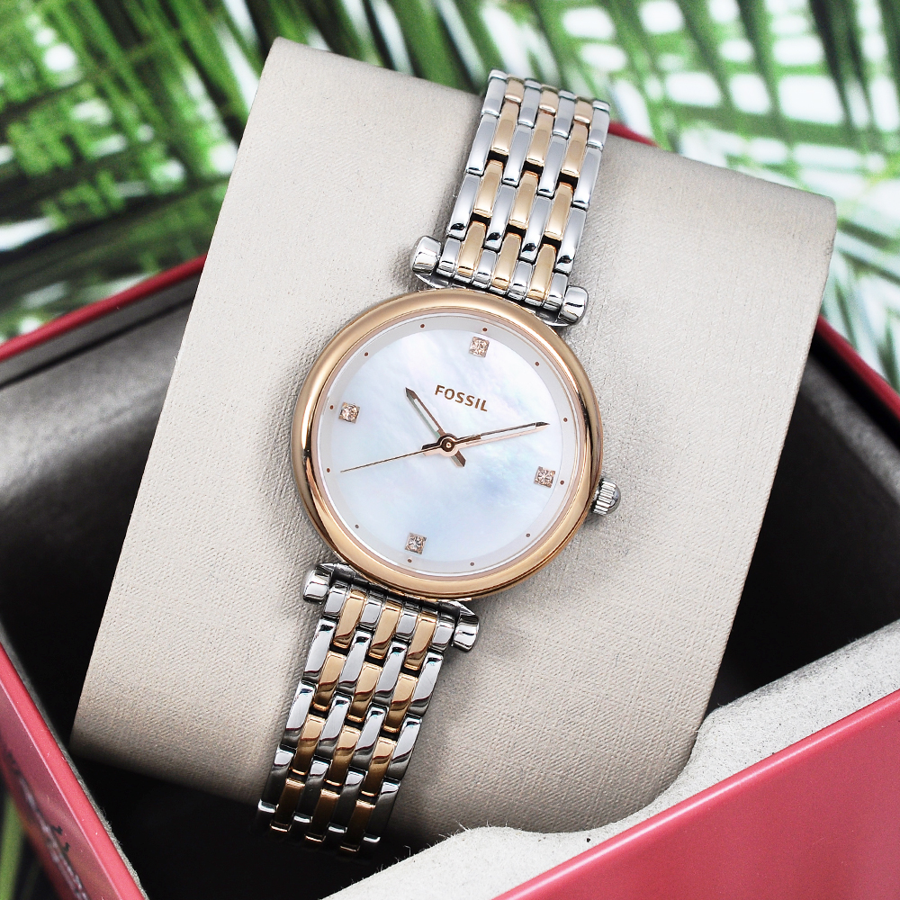 FOSSIL 美國精品手錶CARLIE MINI簡約晶鑽刻度手錶鍊錶 銀x玫瑰金29mm