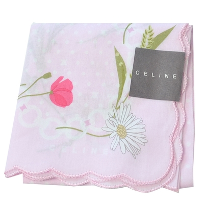 CELINE 品牌繽紛圓點花朵圖騰字母LOGO荷葉邊小方帕巾(粉紅色系/40CM)