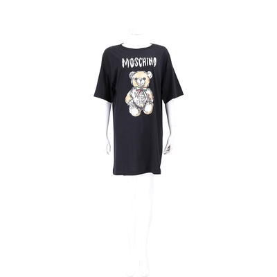 MOSCHINO 手繪泰迪熊字母黑色短袖長版TEE 洋裝