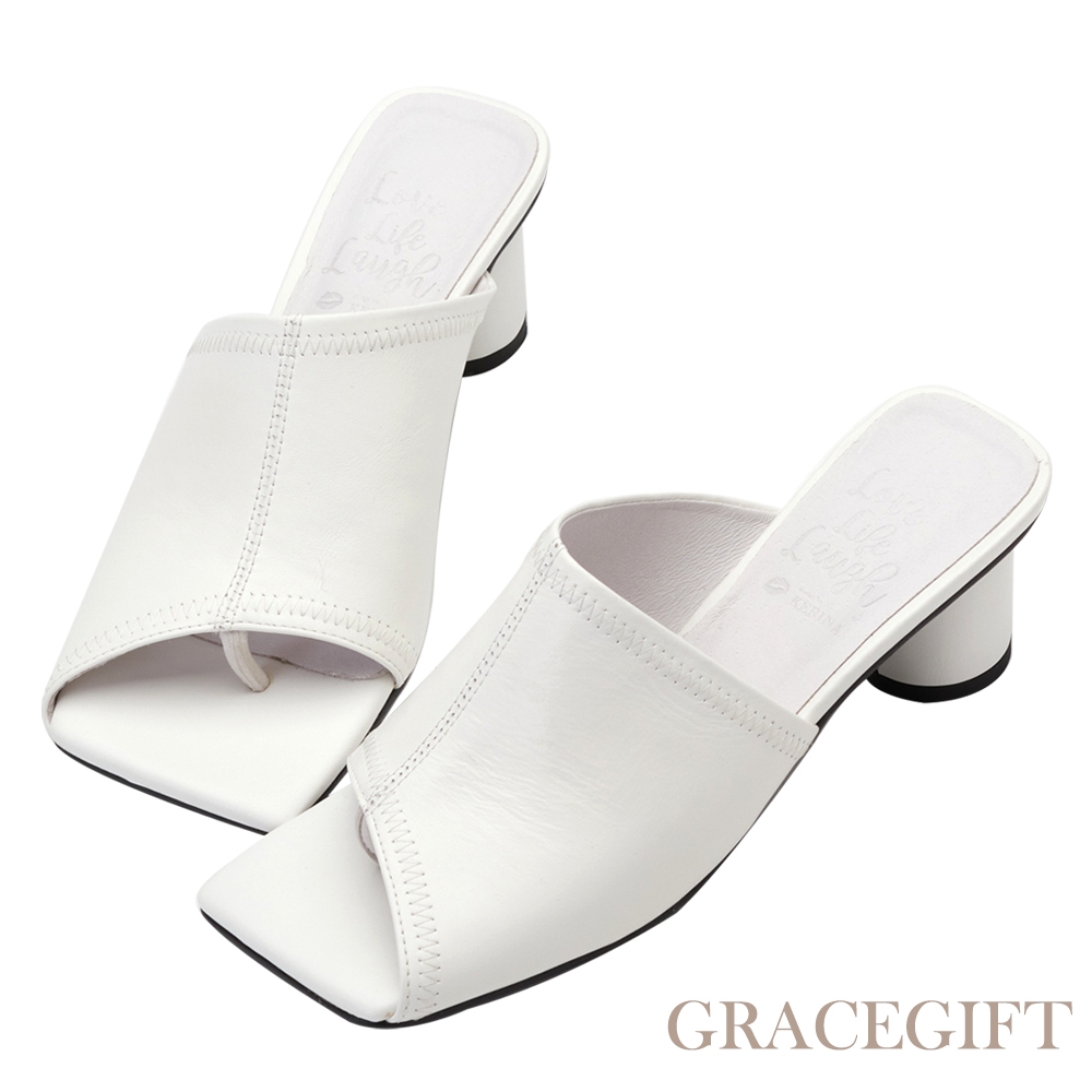 【Grace Gift】薛妞妞聯名-全真皮斜口圓跟拖鞋 白(台灣製)