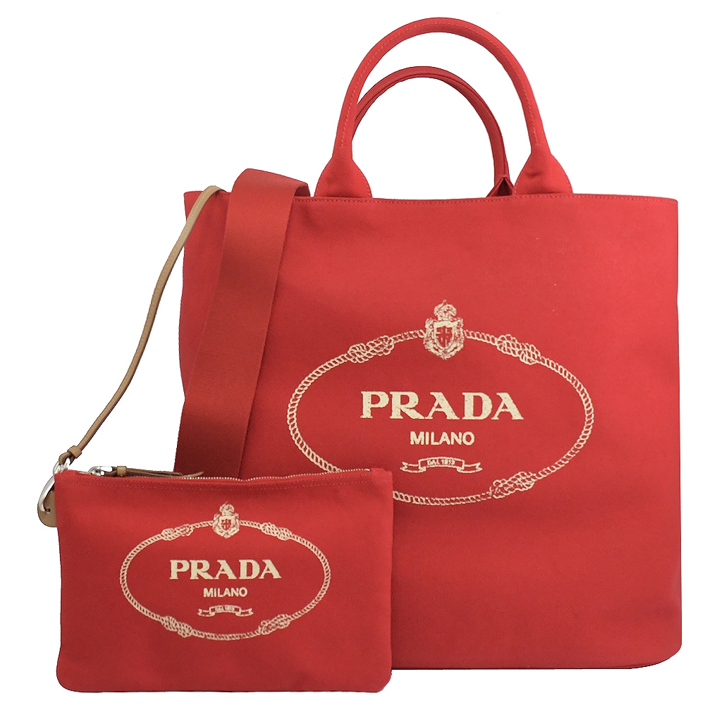 PRADA 復古大LOGO帆布兩用手提包(紅/特大)