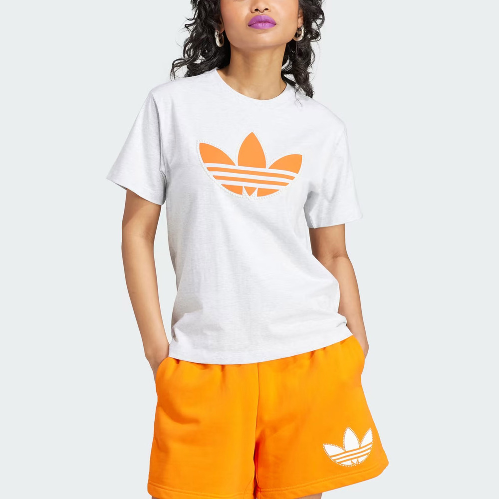 Adidas Pearl Trefoil T [IL2424] 女 短袖上衣 T恤 經典 三葉草 休閒 小珍珠 淺灰 橘