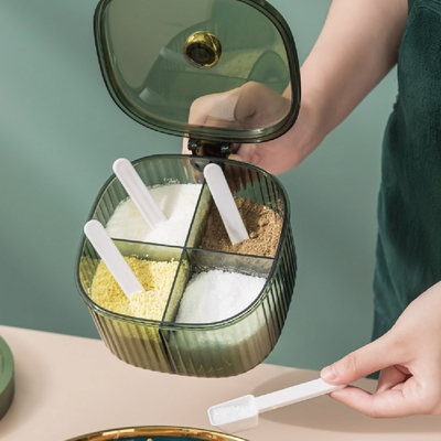 【帕斯特收納生活】歐風透明四分格調味料盒 密封料理調料盒 附勺子(調味料盒)