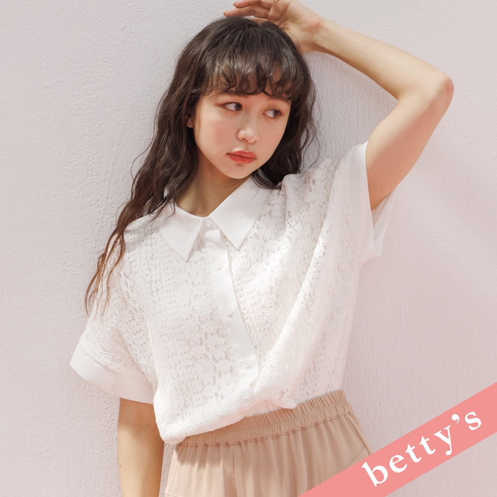 betty’s貝蒂思　優雅蕾絲花落肩雪紡襯衫(白色)