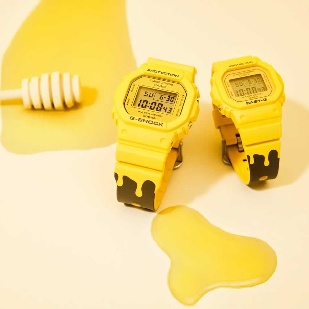 CASIO卡西歐 G-SHOCK&BABY-G 甜蜜情人 亮眼蜂蜜黃 經典方型對錶 SLV-22B-9_42.8/37.9mm