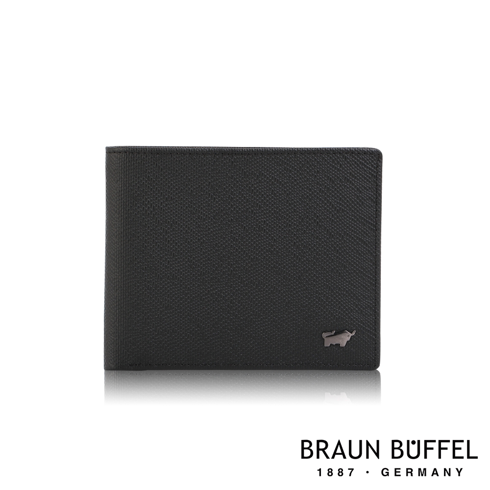 【BRAUN BUFFEL 德國小金牛】台灣總代理 維克多-A 8卡中間翻零錢袋短夾 (網路限定)-黑色/BF370-318-BK