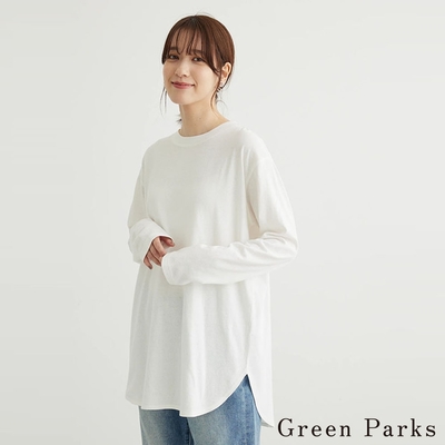 Green Parks 經典素面下擺弧形剪裁圓領長袖上衣