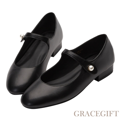 【Grace Gift】甜美氣質珍珠平底瑪莉珍鞋 黑