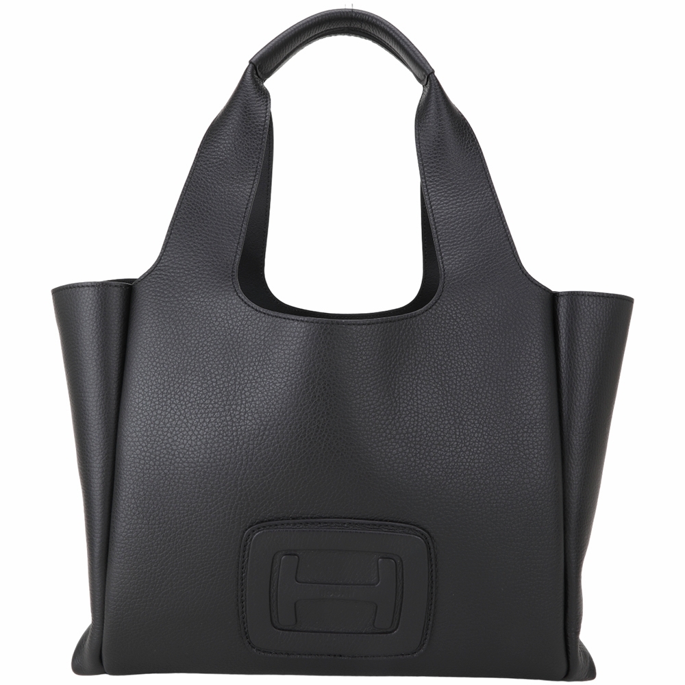 HOGAN H-Bag 中型 可拆內袋錘紋牛皮手提托特包(黑色)
