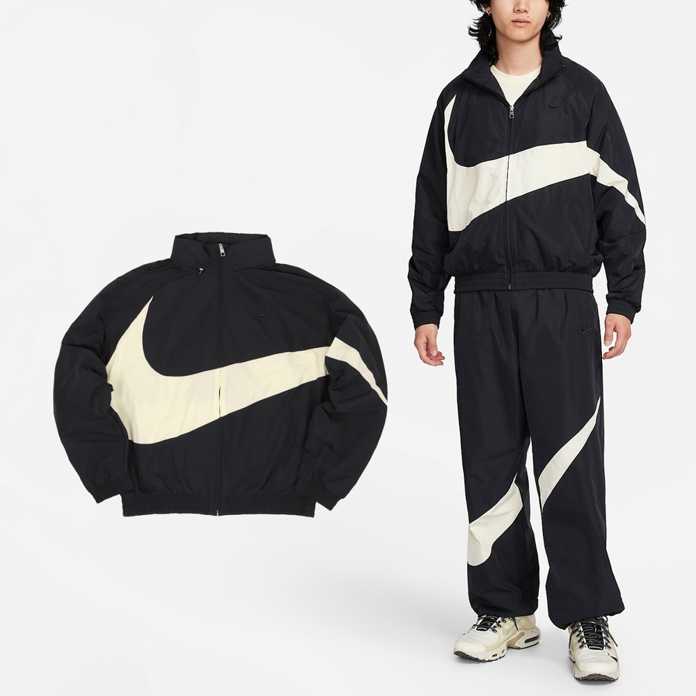 Nike 外套Swoosh Jacket 男款黑米白防潑水寬鬆大勾勾可收連帽風衣夾克