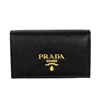 PRADA Saffiano經典LOGO字母防刮牛皮對開信用卡/名片夾 (黑色)