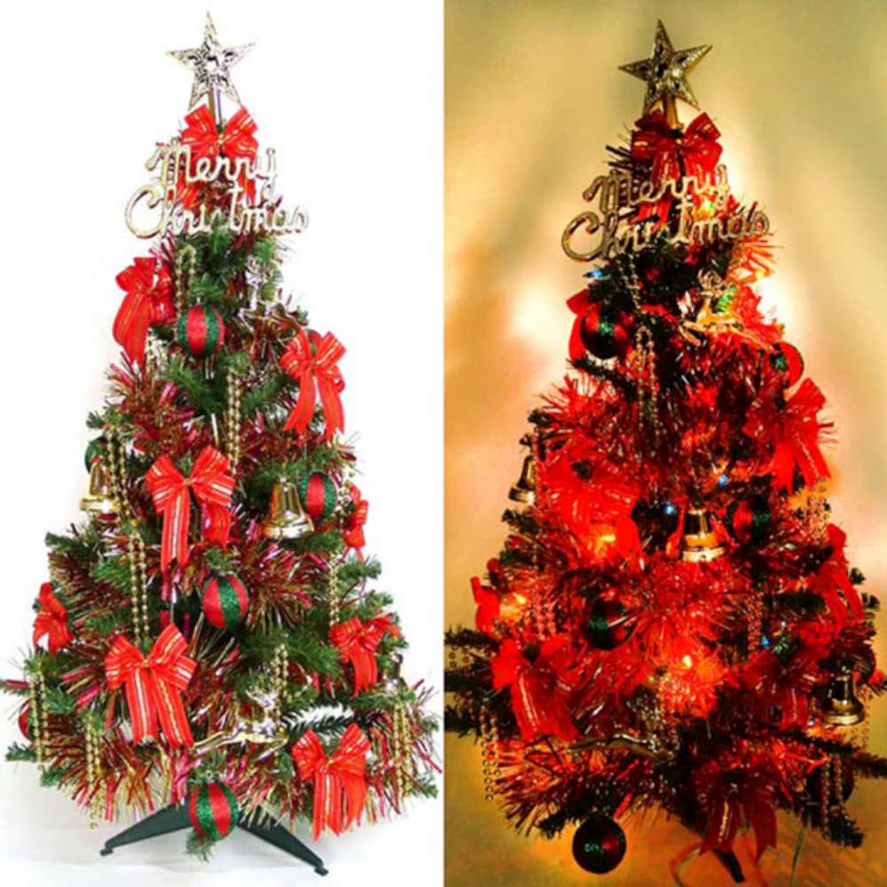 摩達客 幸福3尺(90cm)一般型裝飾綠聖誕樹(紅金色系+100燈鎢絲樹燈串)