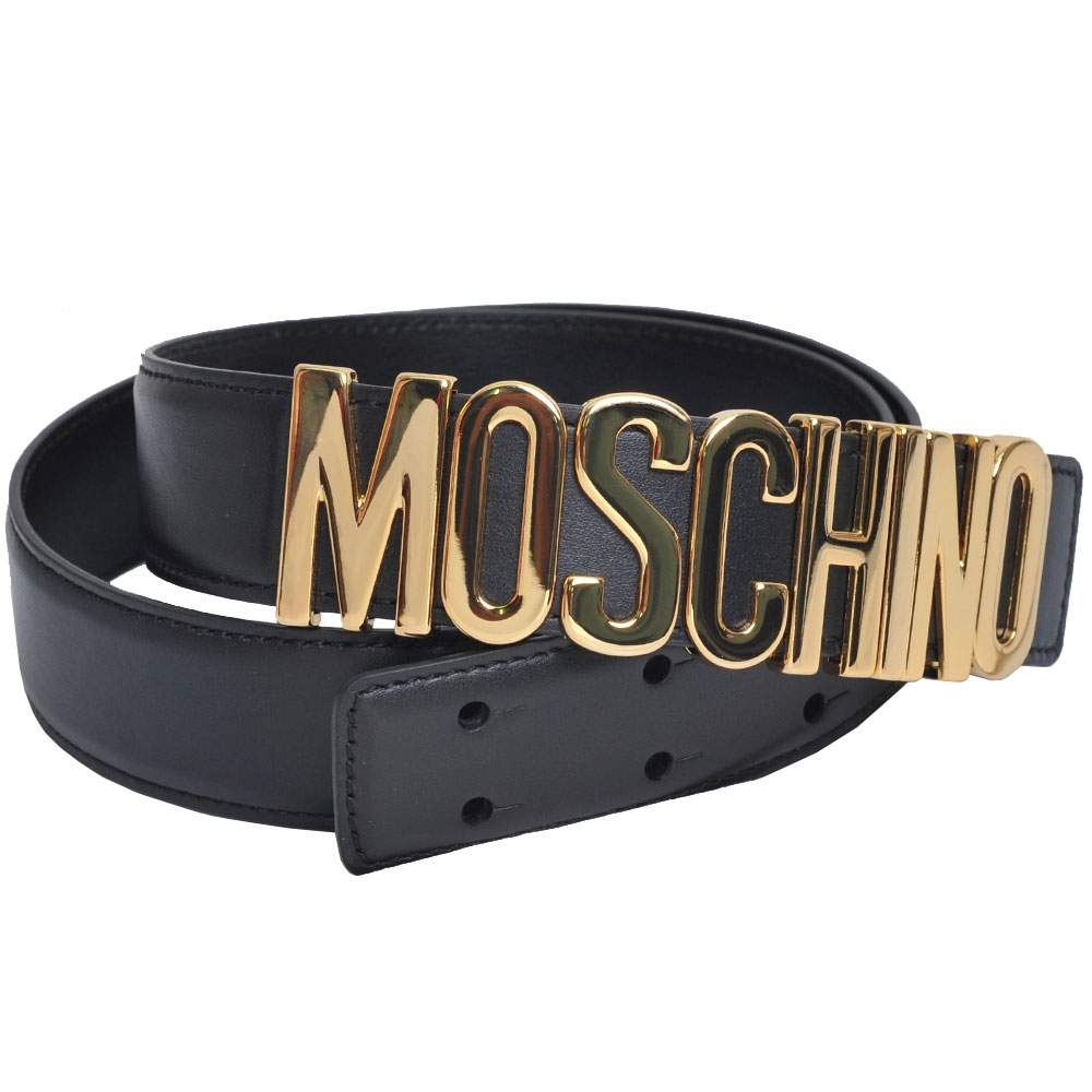 MOSCHINO 義大利製金色字母LOGO高質感牛皮皮帶(黑/44)