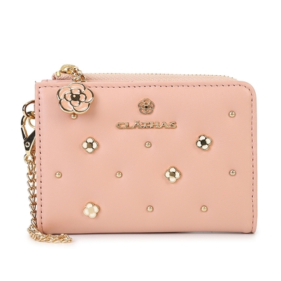 CLATHAS 山茶花輕甜小花裝飾質感羊皮證件零錢包鑰匙包-粉紅色
