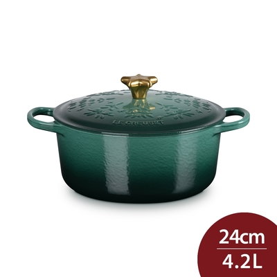 Le Creuset 歡樂耶誕系列 典藏圓形鑄鐵鍋 24cm 4.2L 綠光森林 星型金頭 法國製