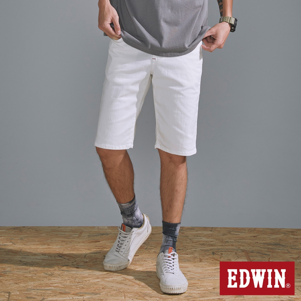 EDWIN EDGE 經典紅繡線口袋合身牛仔短褲-男-白色