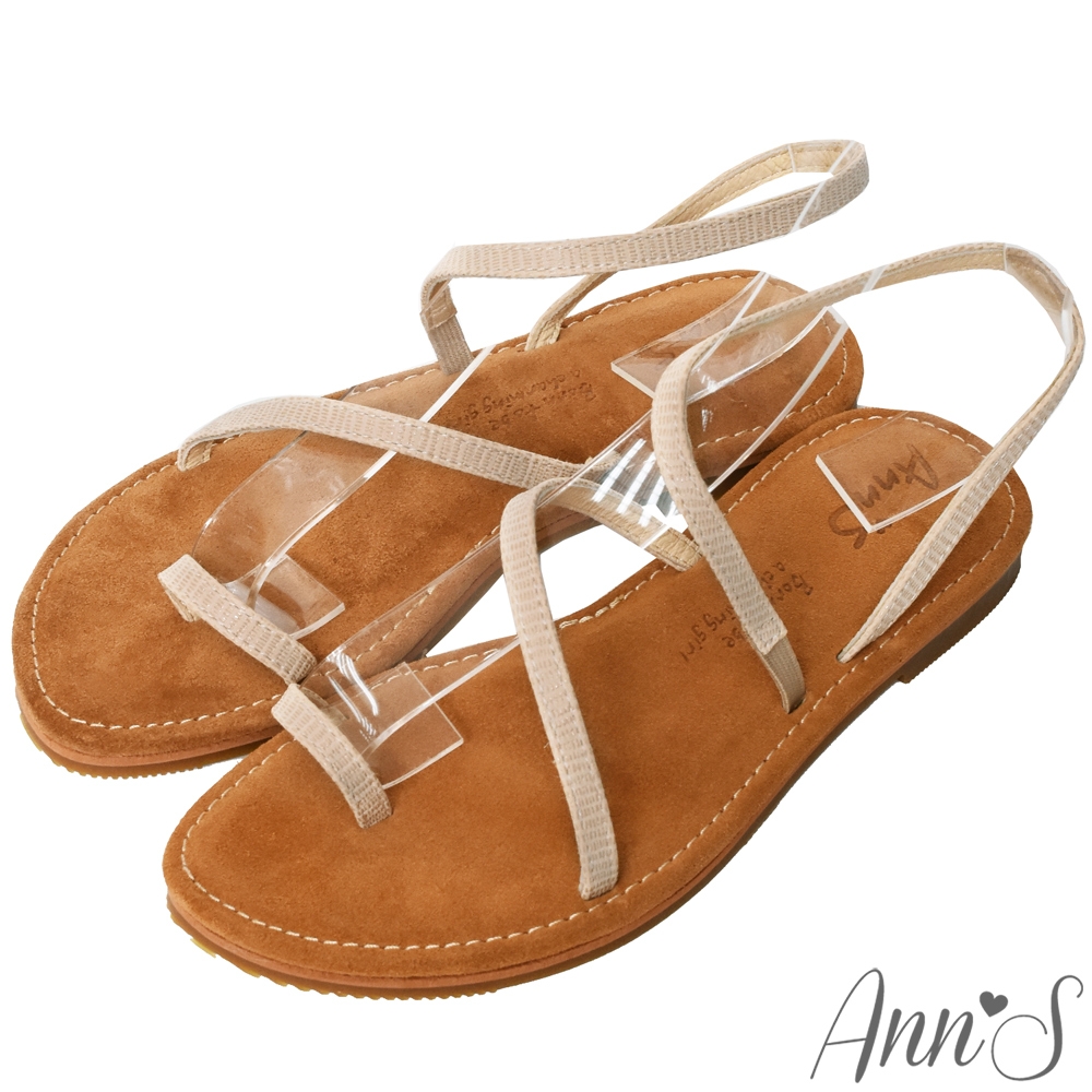 (季末換季出清)Ann’S水洗牛皮-時髦蛇紋顯瘦曲線寬版平底涼鞋-米