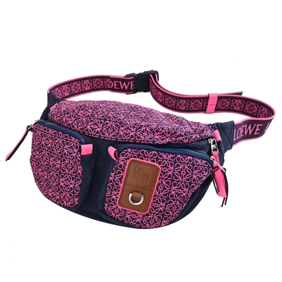 LOEWE 羅威 BUMBAG 大烙印LOGO緹花帆布斜背胸口/單肩後背包(桃/深藍 大)