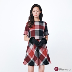 KeyWear奇威名品    100%羊毛經典格紋假兩件洋裝-紅色