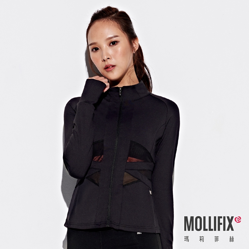 Mollifix 瑪莉菲絲 交織透網彈性修身運動外套 (黑)