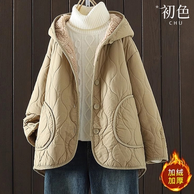 初色 保暖寬鬆羊羔絨刷毛長袖單排扣連帽外套大衣休閒外套-共2色-32353(M-2XL可選)