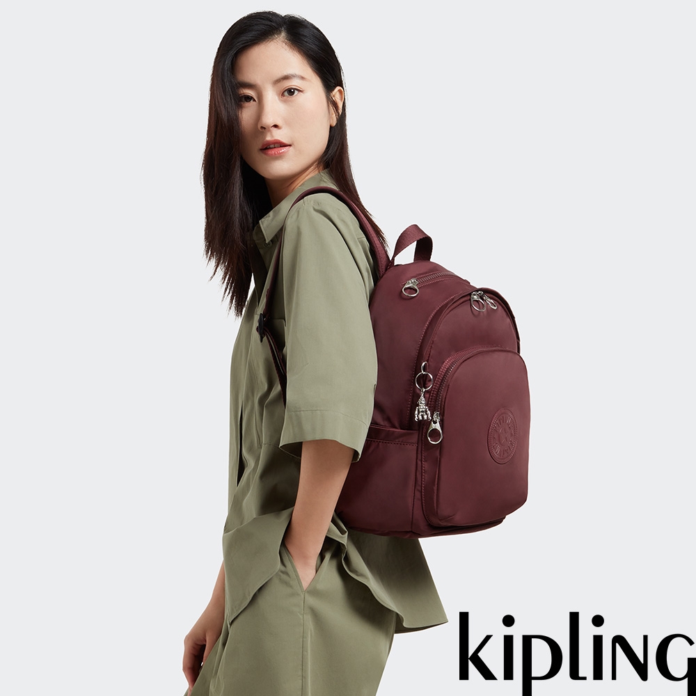 Kipling 熱葡萄酒紅上方拉鍊後背包-DELIA