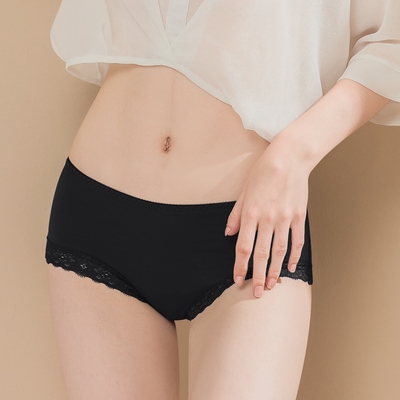 台灣製絲蛋白蕾絲抗敏M-XL中腰健康彈性包臀內褲 環保 神秘黑 可蘭霓Clany