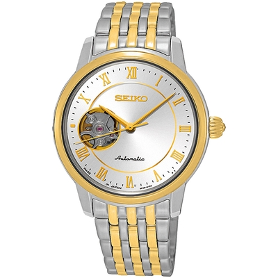 SEIKO 精工 Presage 經典開芯機械腕錶-銀x金-女錶(SSA854J1)34mm SK008