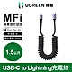 綠聯 USB-C to Lightning充電線/傳輸線 MFi彈簧伸縮版 雅典黑(1.5公尺) product thumbnail 1