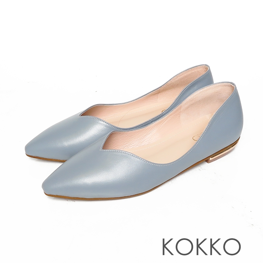 KOKKO無著感彎折方頭曲線羊皮平底鞋霧霾藍