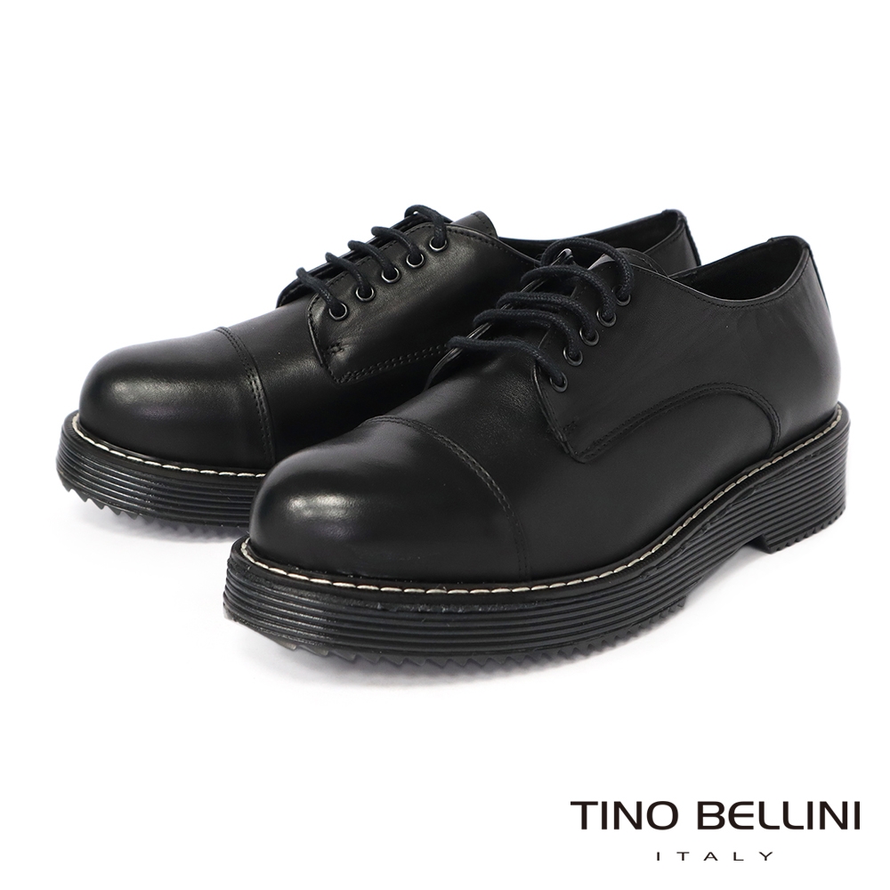 Tino Bellini 歐洲進口英倫風範牛皮圓頭厚底綁帶鞋-黑