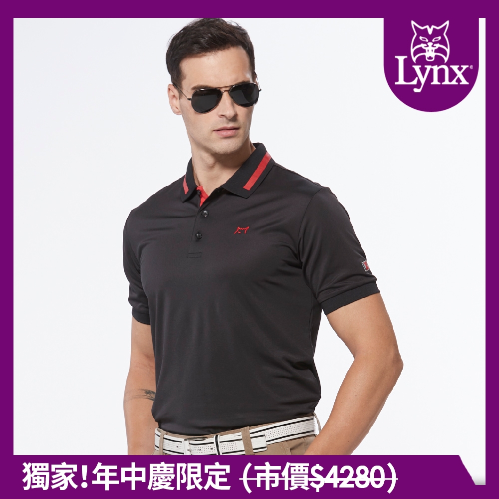 【Lynx Golf】男款吸排抗UV功能合身版後背設計小山貓繡花短袖POLO衫-黑色