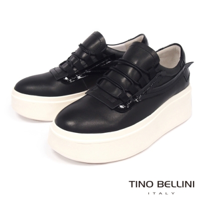 Tino Bellini 牛皮革拼接造型厚底綁帶休閒鞋-黑