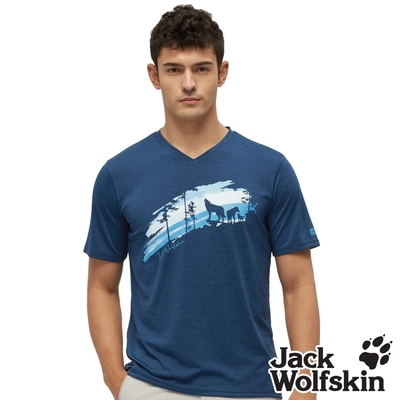 【Jack wolfskin 飛狼】男 V領印花短袖排汗衣 狼家族概念T恤『海軍藍』